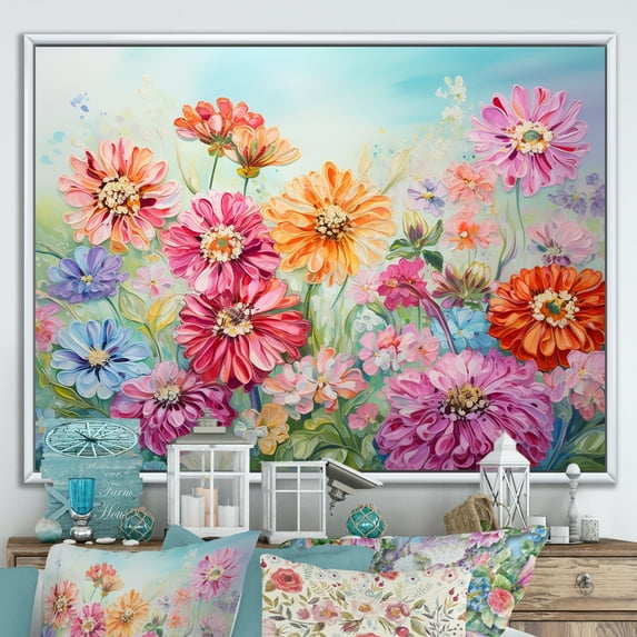 Designart "Farmhouse'S Zinnia Field Delight" Flowers Floater Framed Wall Art Living Room