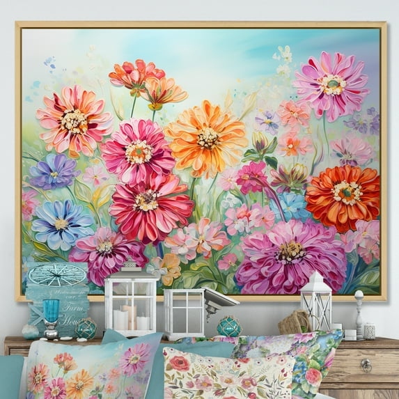 Designart "Farmhouse'S Zinnia Field Delight" Flowers Floater Framed Wall Art Living Room