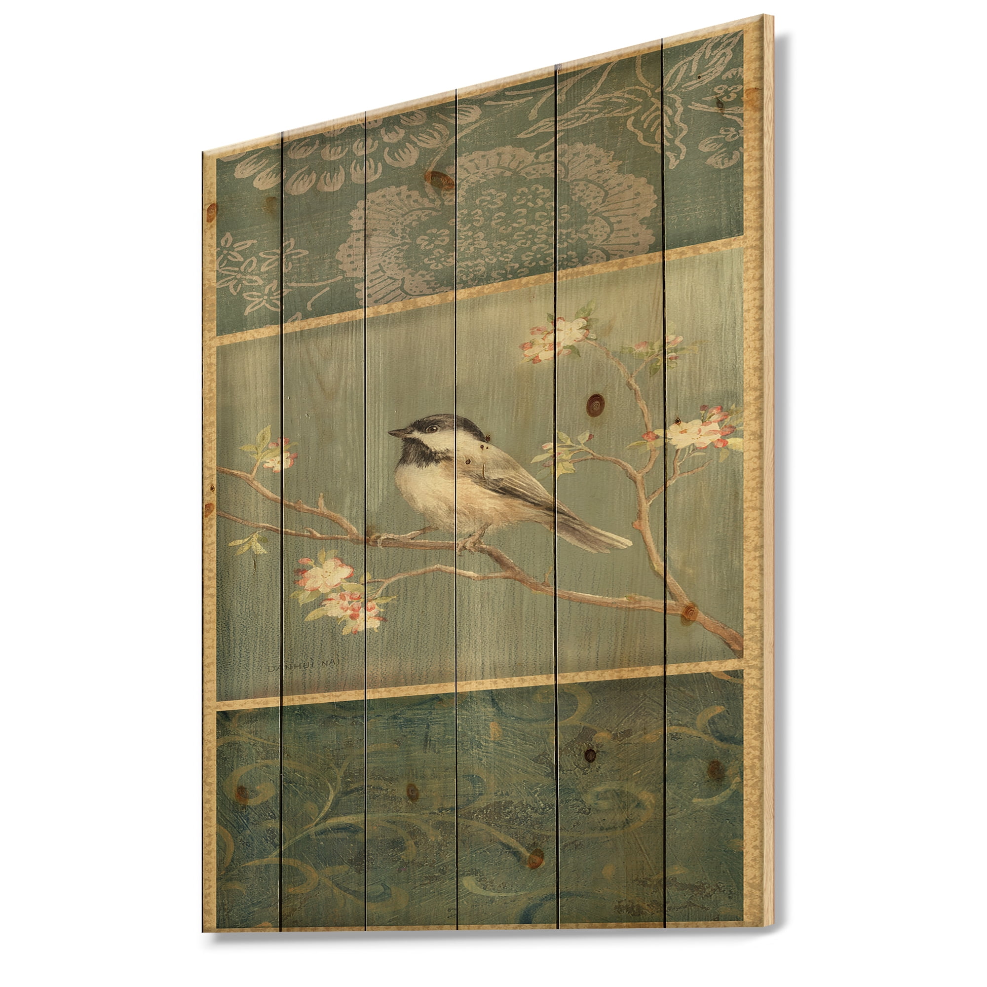 Designart 'Farmhouse Triptych of Blue Ornaments And Chickadee' Farmhouse Print on Natural Pine Wood
