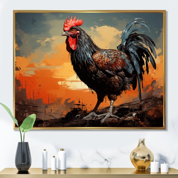 Designart "Farmyard Roosters at Sunset I" Animals Framed Wall Art - Modern Farmhouse Red Rooster Entryway Framed Wall Art Print