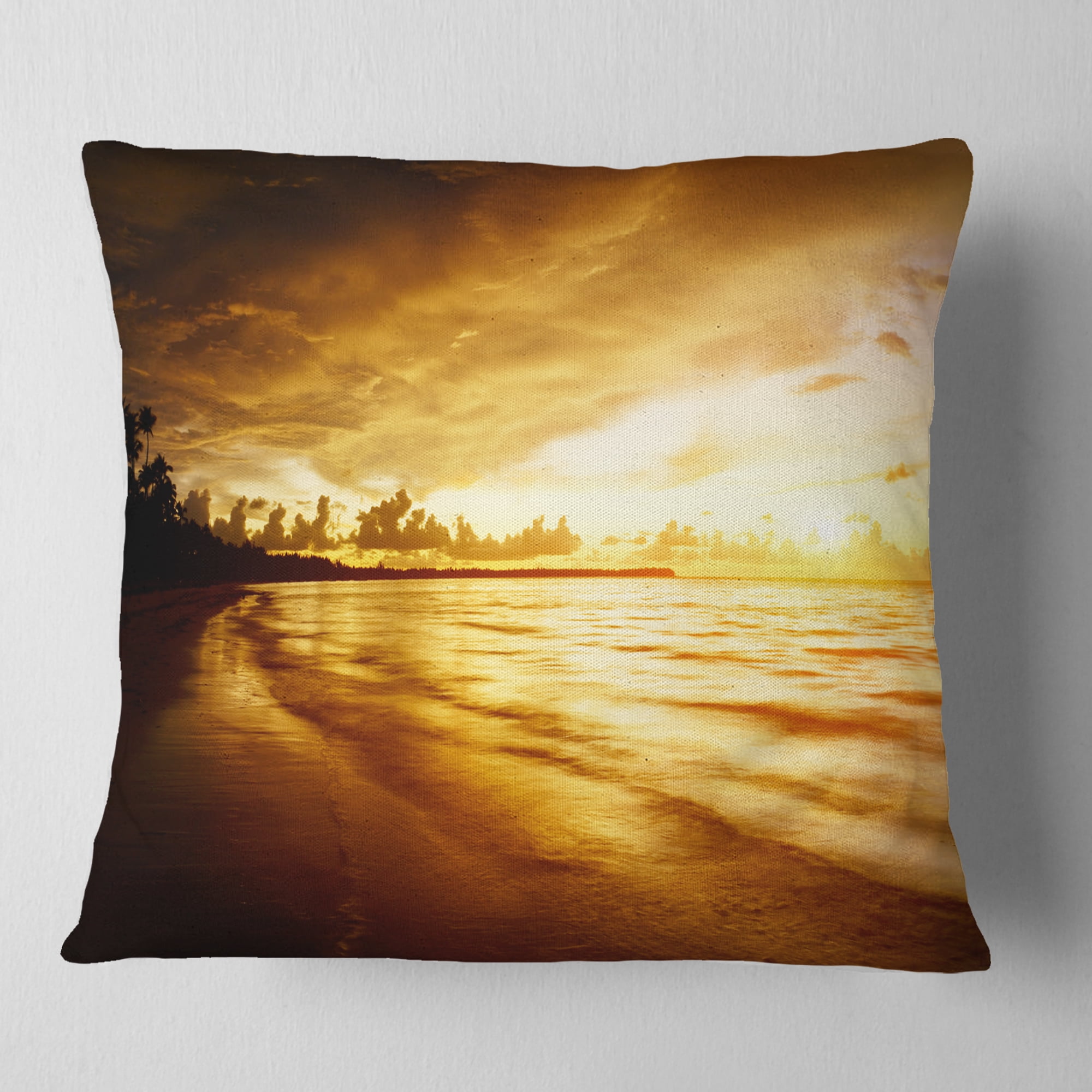 Designart Fascinating Caribbean Beach in Yellow - Seascape Throw Pillow - 16x16