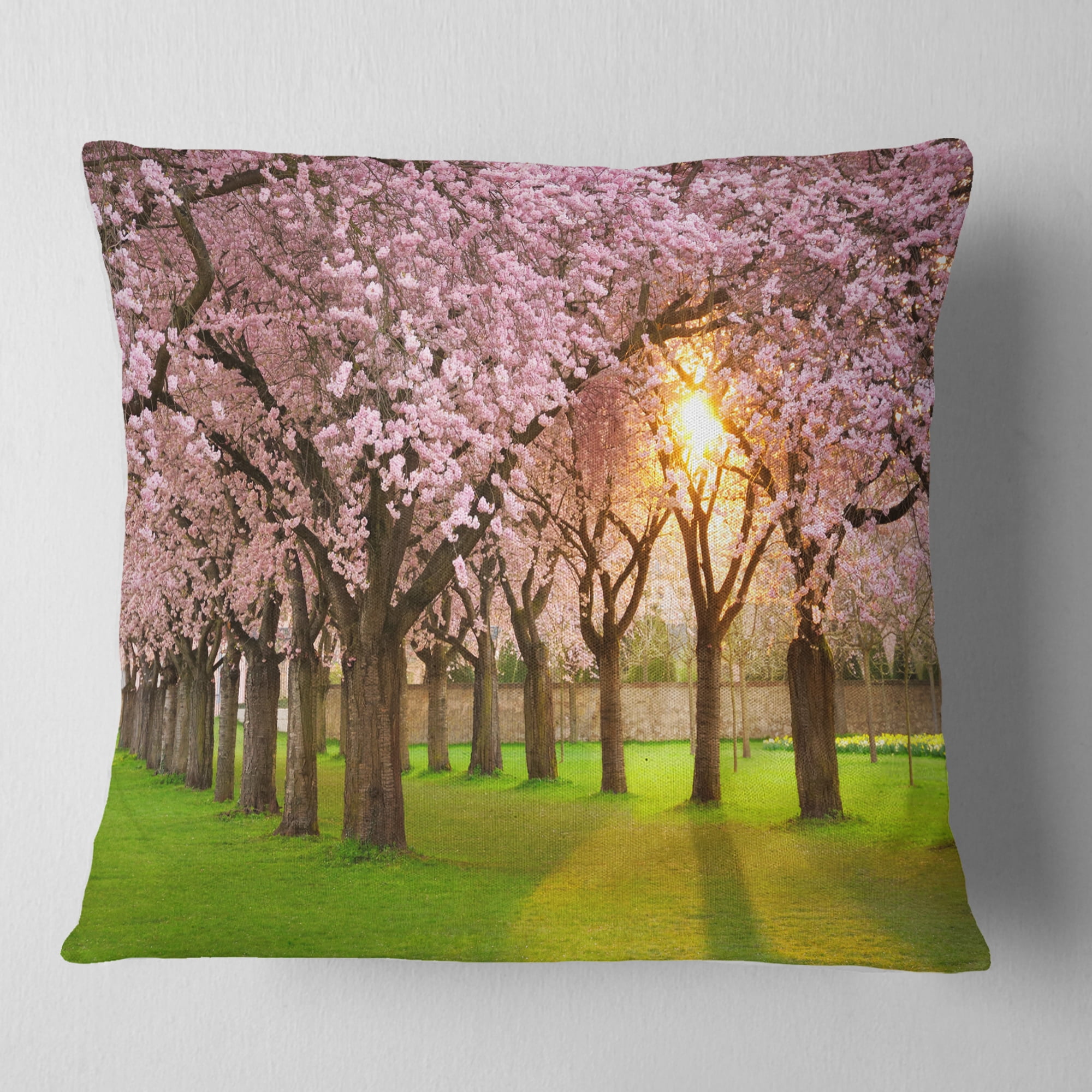 Designart Fascinating Springtime Cherry Scenery - Landscape Printed Throw Pillow - 18x18