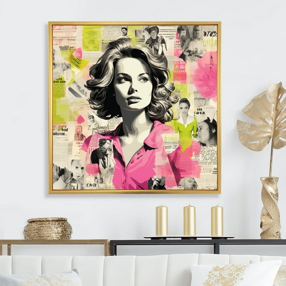 Designart "Fashion Blooms Pink and Green Popart Woman III" Fashion Framed Wall Art - Modern Pink Pop Art Hallway Framed Wall Art Decor