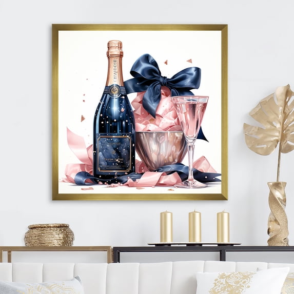 Designart "Fashion Champagne in Pink and Blue IV" Fashion Framed Wall Art Decor - Glam Pink Fashion Champagne Living Room Framed Canvas Art
