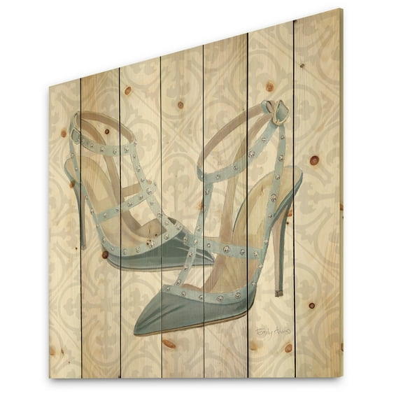 Designart 'Fashion Cosmetics Blue Shoes I' Posh & Luxe Print on Natural Pine Wood