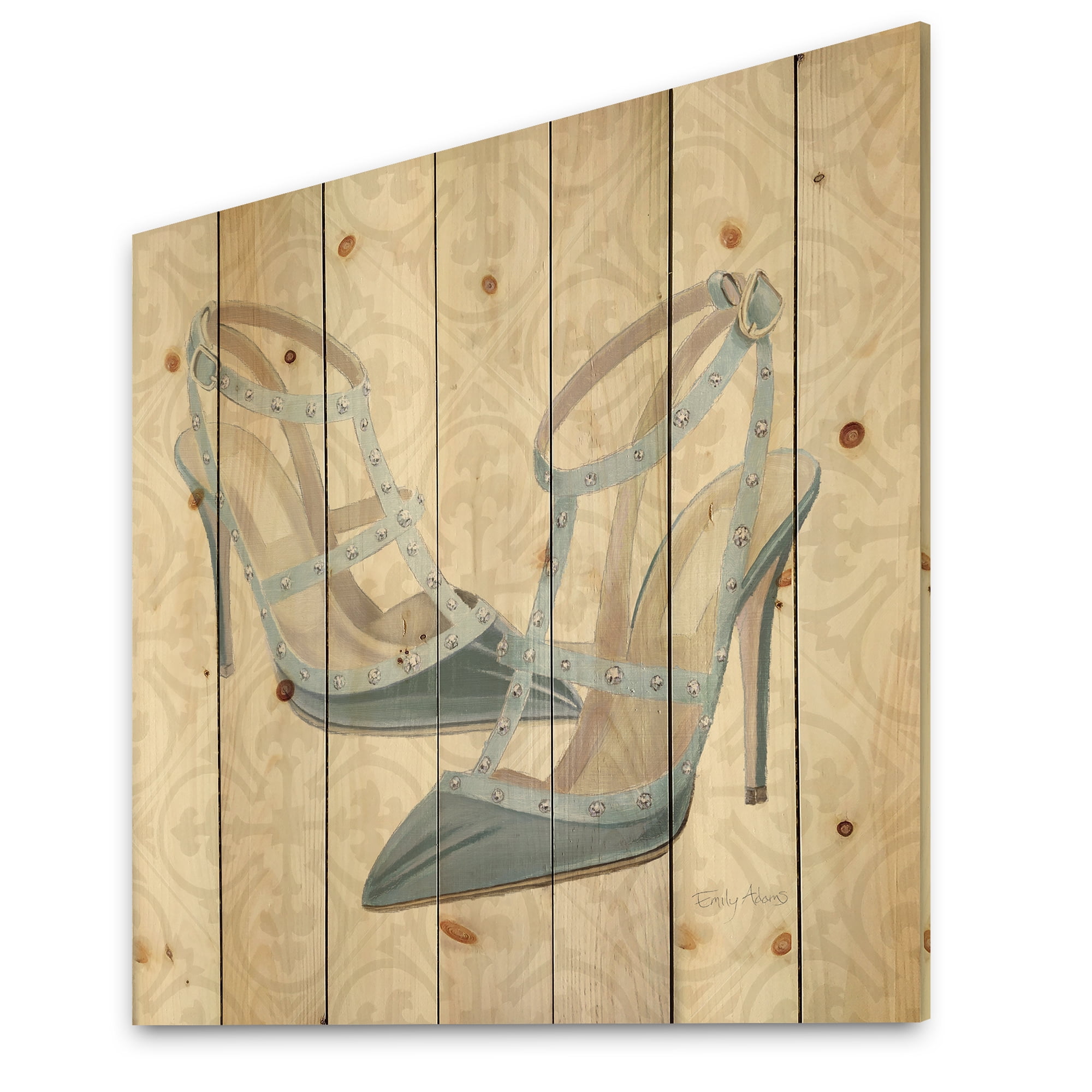 Designart 'Fashion Cosmetics Blue Shoes II' Fashion Print on Natural Pine Wood