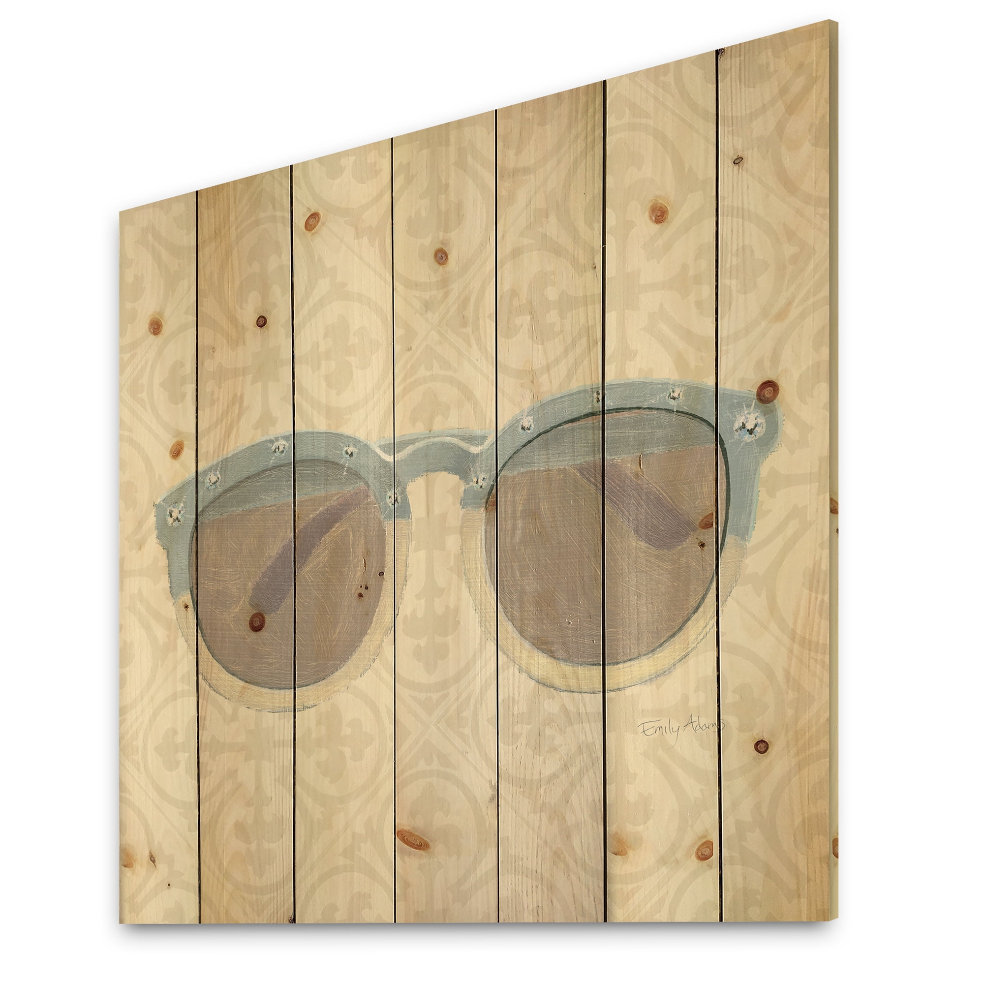 Designart 'Fashion Cosmetics Blue Sun Glasses' Posh & Luxe Print on Natural Pine Wood