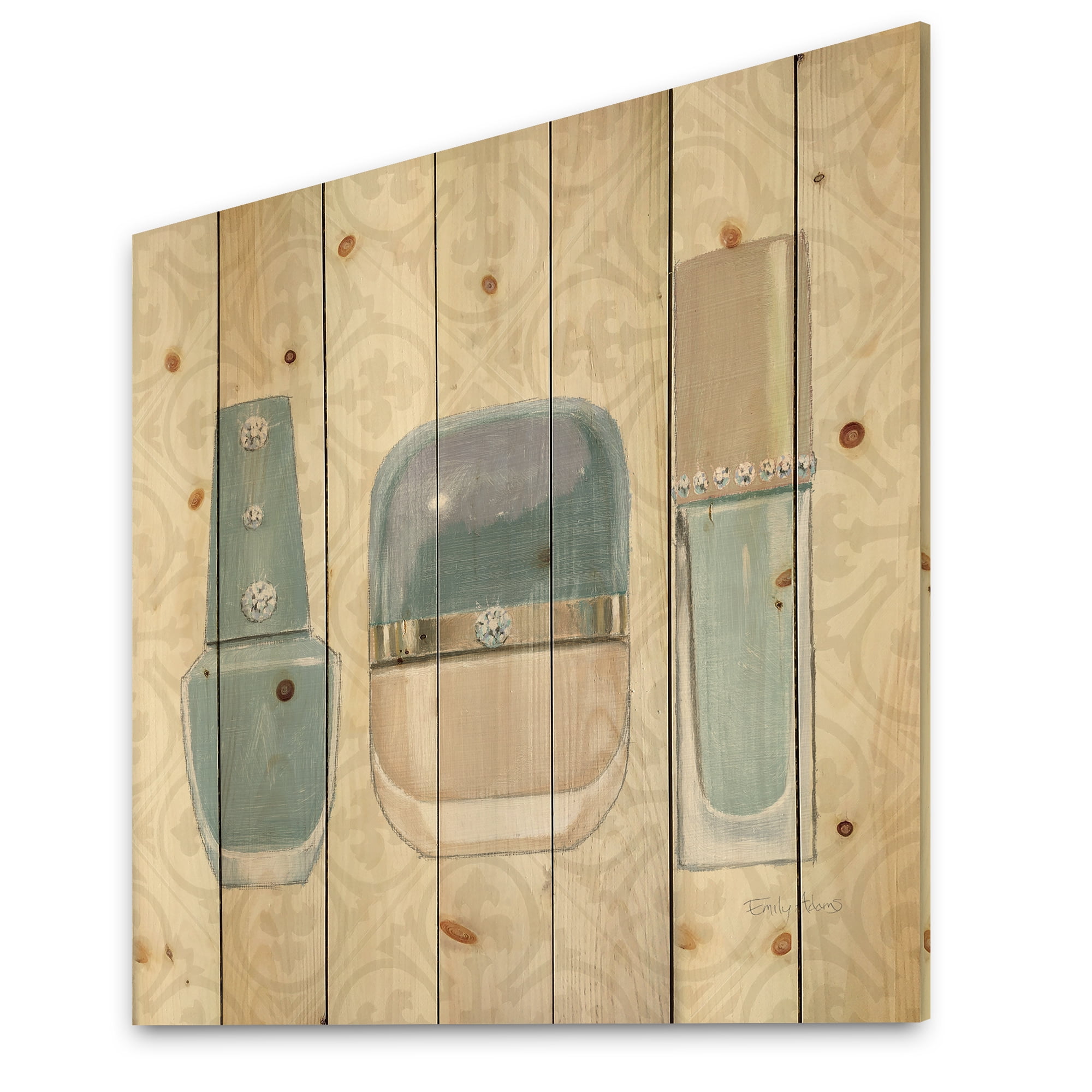 Designart 'Fashion Cosmetics Blue accessories II' Fashion Print on Natural Pine Wood