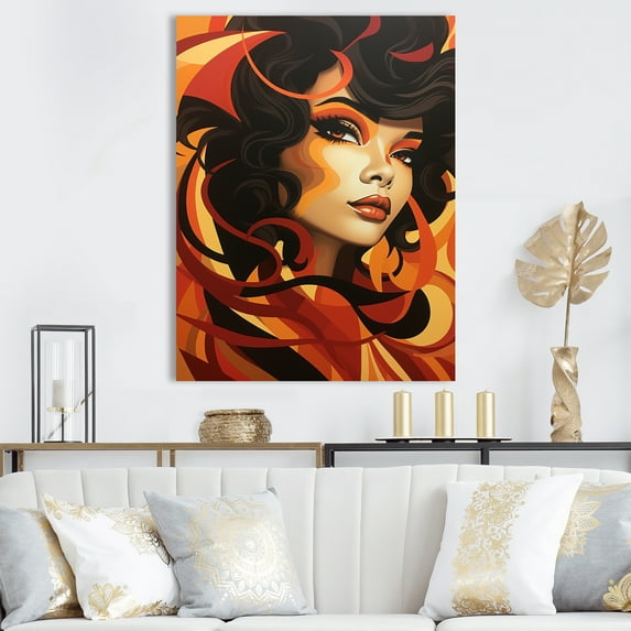 Designart "Fashion Diva Orange and Black Portrait" Fashion Canvas Wall Art - Glam Black Woman Pop Art Entryway Wall Art Print