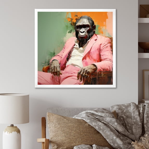 Designart "Fashion-First Gorilla in Pink and Black Suit" Animals Framed Wall Art Decor - Modern Pink Gorilla Hallway Framed Wall Art Decor