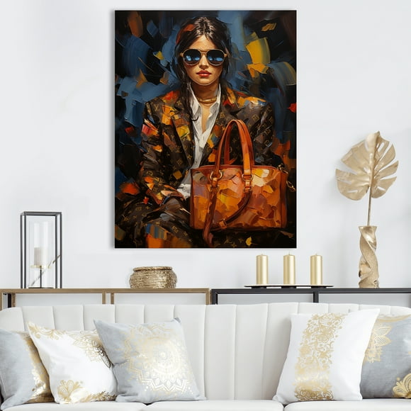 Designart "Fashion First Woman Portrait in Brown & Blue" Fashion Canvas Wall Art - Glam Brown Woman Hallway Wall Art Decor