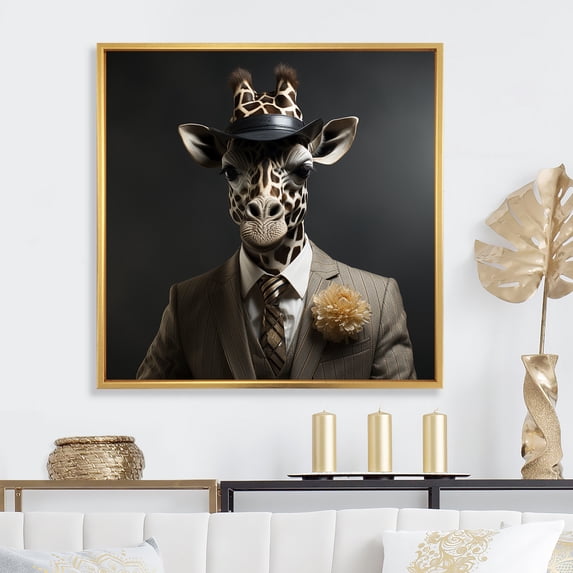 Designart "Fashion Giraffe in Grey and Black" Animals Framed Wall Art - Traditional Grey Giraffe Fashion Bedroom Framed Canvas Wall Art
