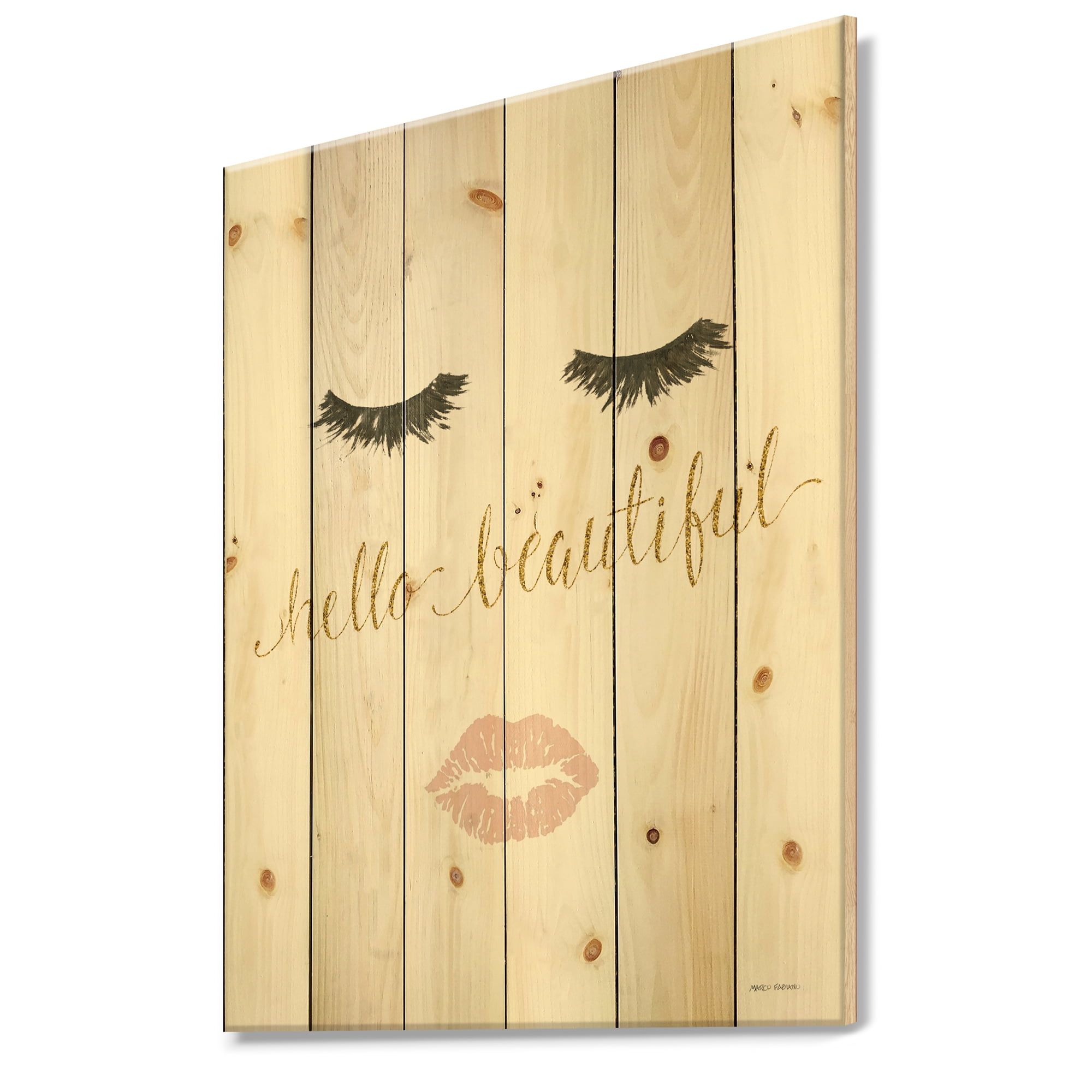 Designart 'Fashion Glam Quote Lips on Gold I' Posh & Luxe Print on Natural Pine Wood
