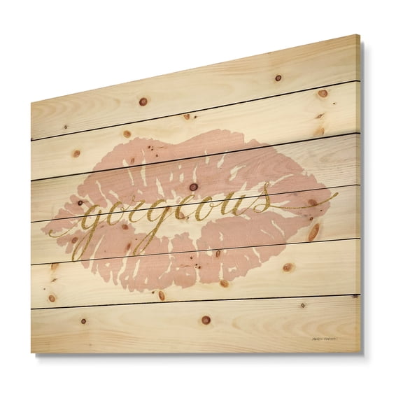 Designart 'Fashion Glam Quote Lips on Gold II' Posh & Luxe Print on Natural Pine Wood