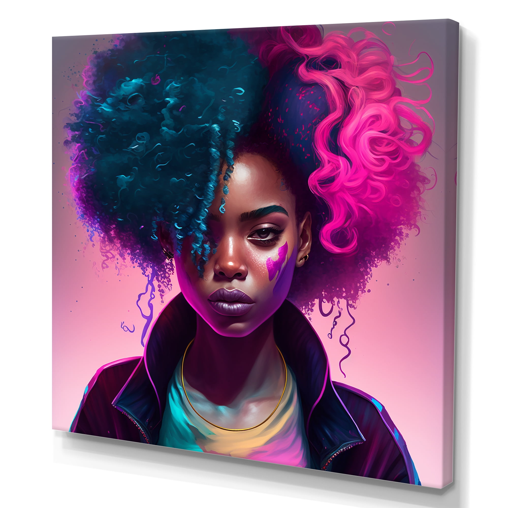 Designart Fashion Hip Hop Girl In Pink And Blue IV Canvas Wall Art
