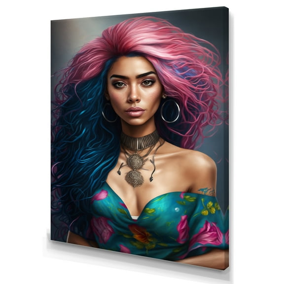 Designart Fashion Indian Woman In Pink And Blue II Canvas Wall Art