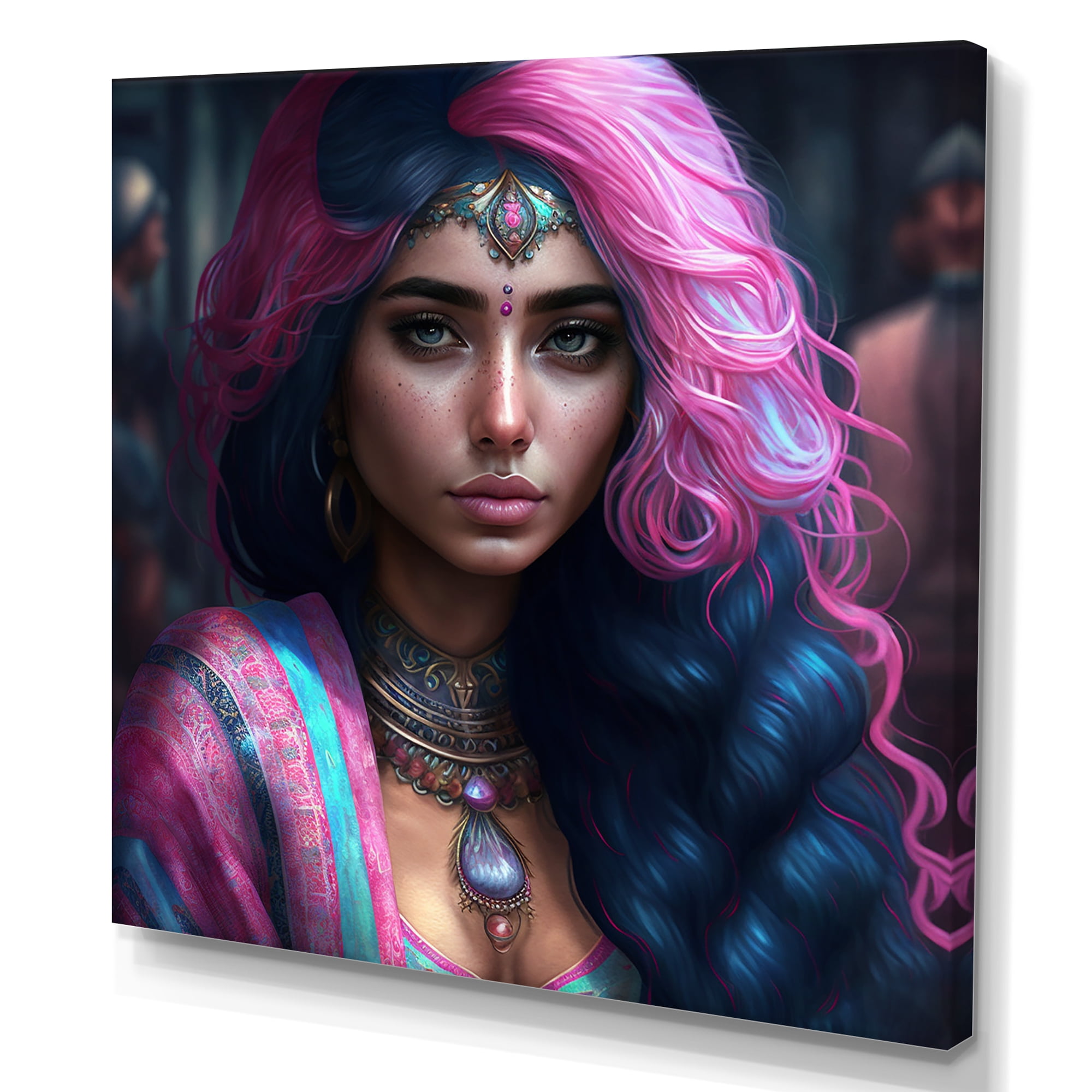 Designart Fashion Indian Woman In Pink And Blue IV Canvas Wall Art