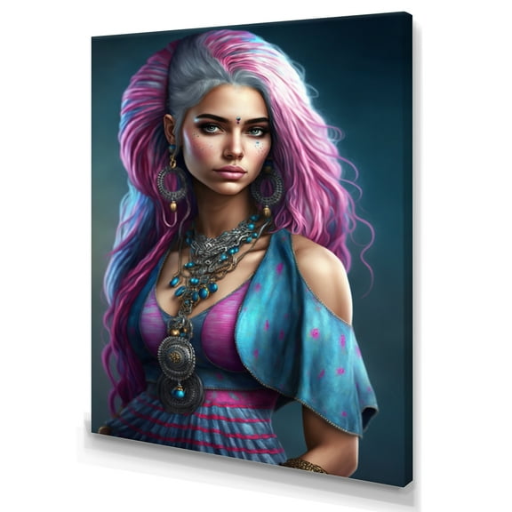 Designart Fashion Indian Woman In Pink And Blue V Canvas Wall Art