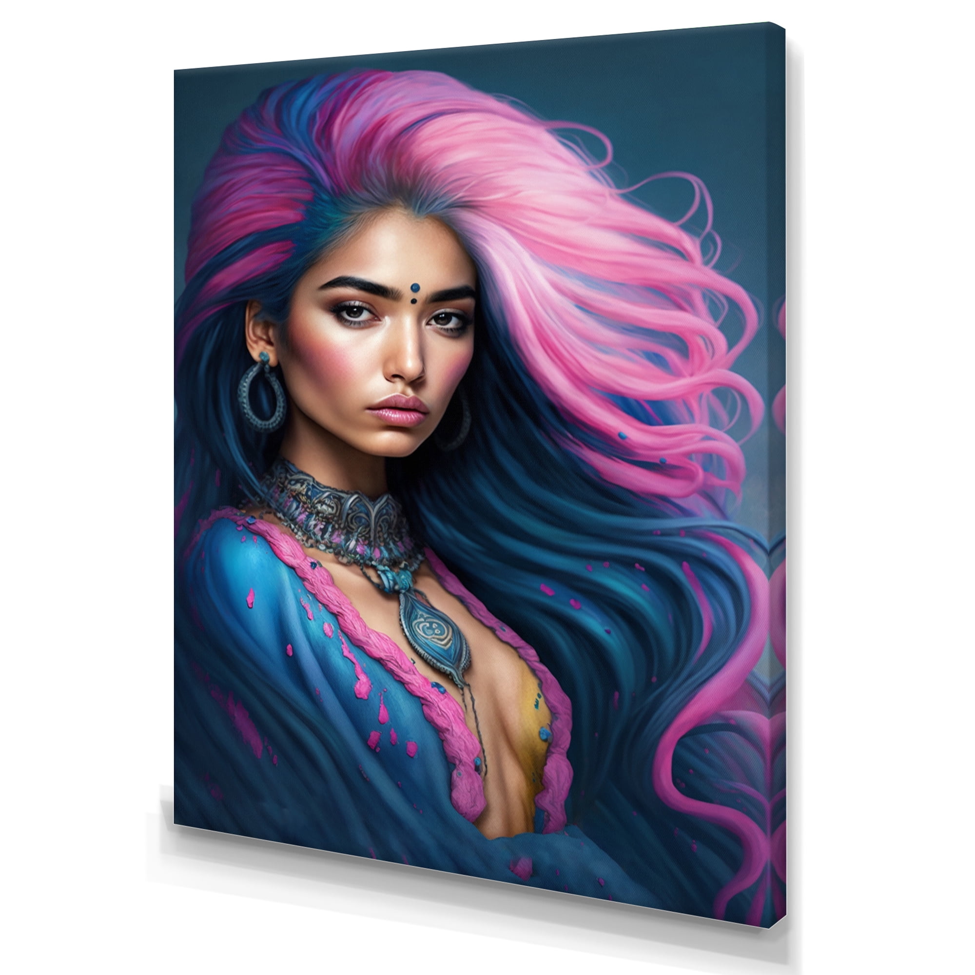 Designart Fashion Indian Woman In Pink And Blue VI Canvas Wall Art