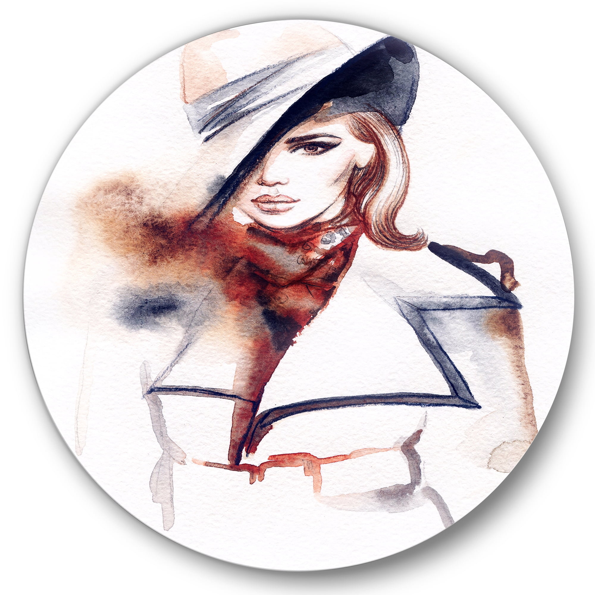 Designart 'Fashion Portrait of Woman Wearing Hat' Modern Circle Metal Wall Art 11x11 - Disc of 11
