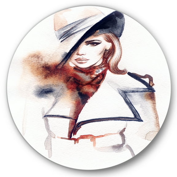 Designart 'Fashion Portrait of Woman Wearing Hat' Modern Circle Metal Wall Art 36x36 - Disc of 36