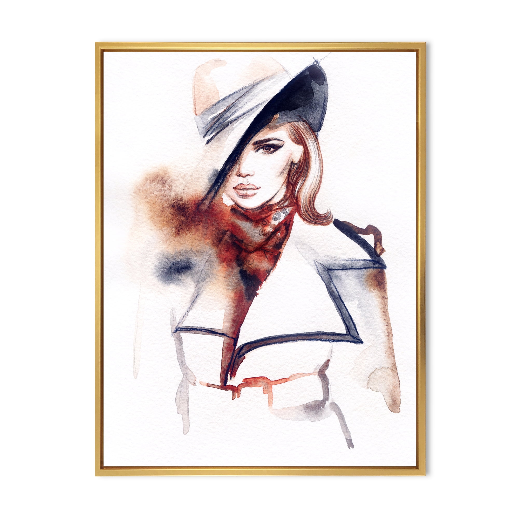Designart 'Fashion Portrait of Woman Wearing Hat' Modern Framed Canvas Wall Art Print