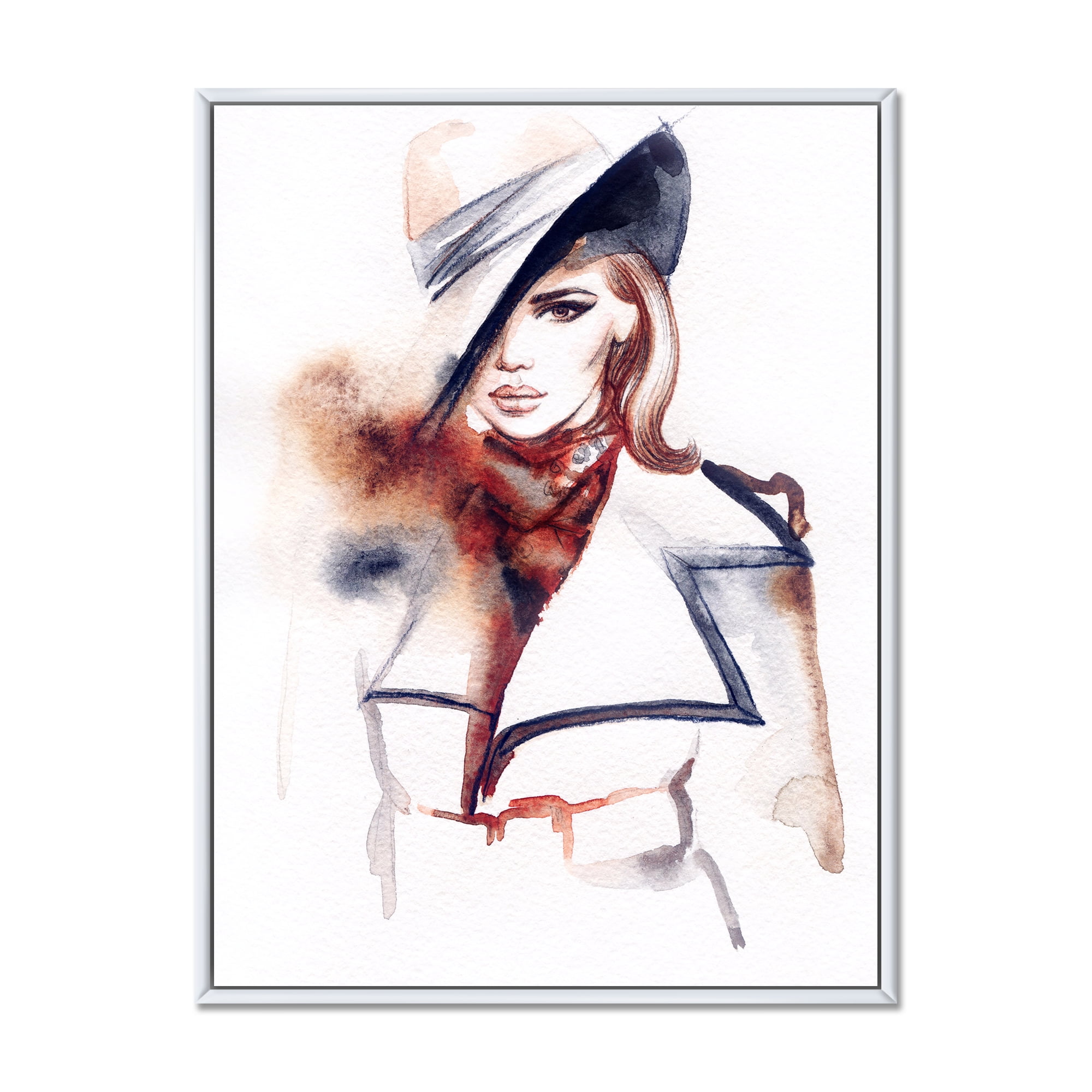 Designart 'Fashion Portrait of Woman Wearing Hat' Modern Framed Canvas Wall Art Print