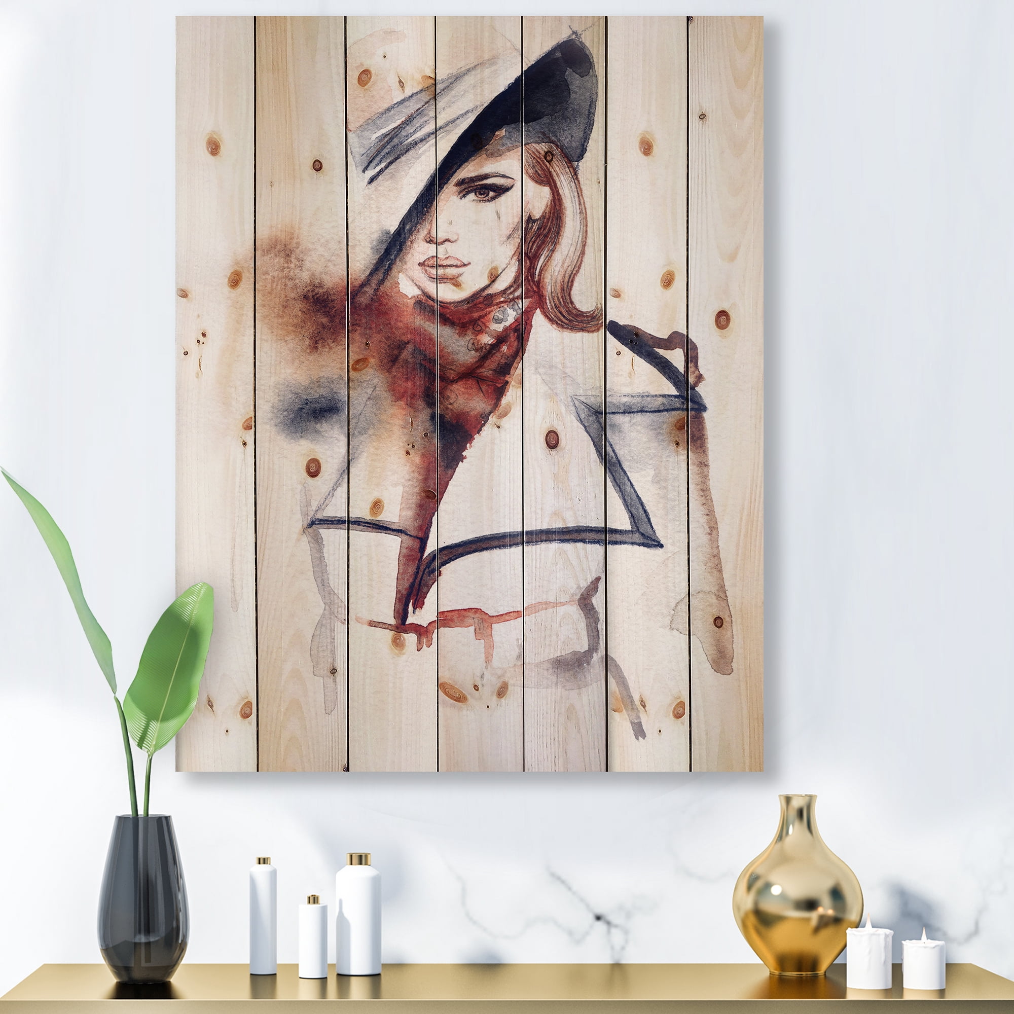 Designart 'Fashion Portrait of Woman Wearing Hat' Modern Print on Natural Pine Wood