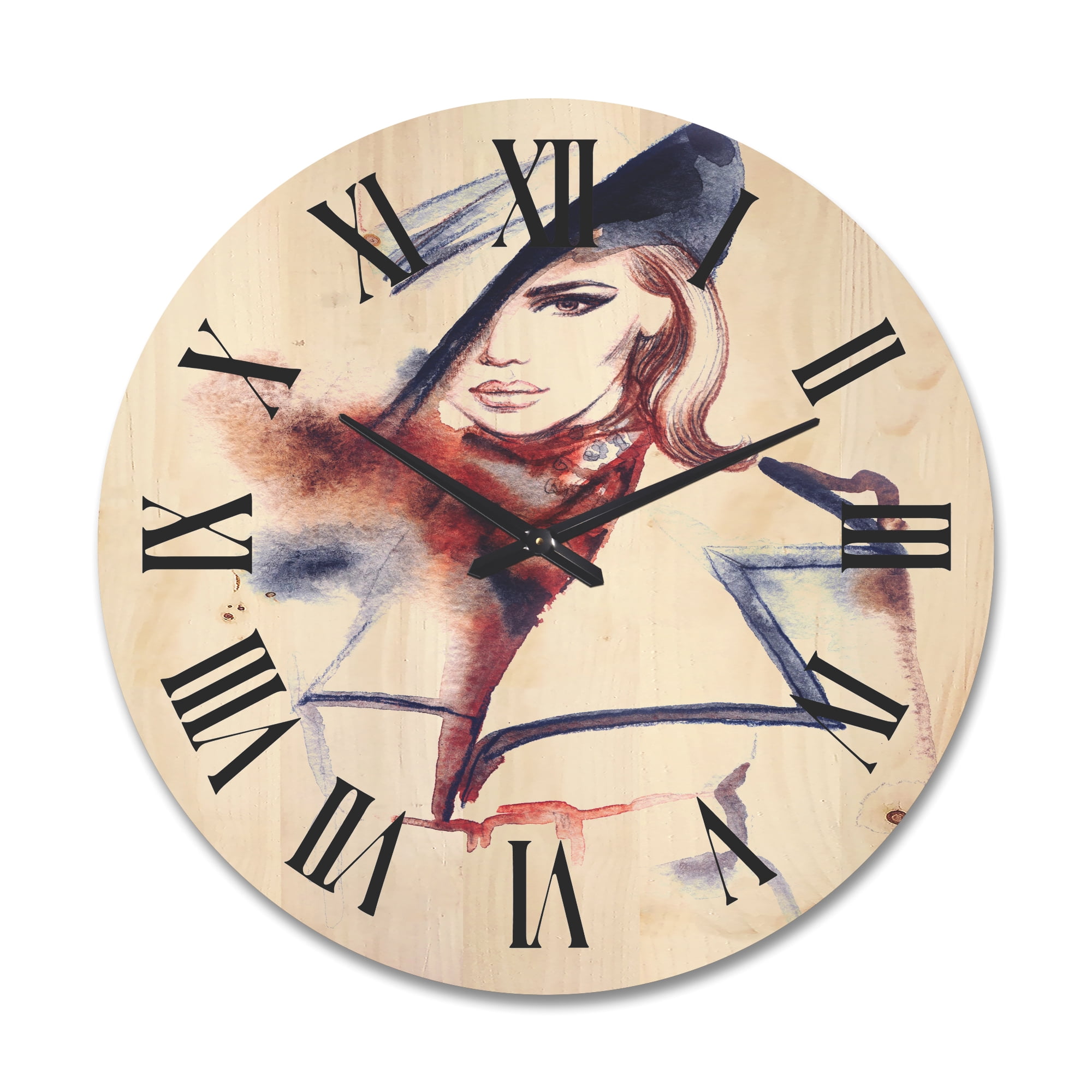 Designart 'Fashion Portrait of Woman Wearing Hat' Modern Wood Wall Clock