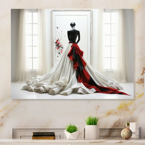 Designart "Fashion Red Dress gracefulness Unveiled II" Fashion Metal Wall Art