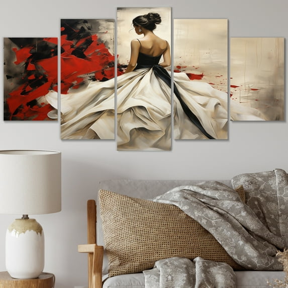 Designart "Fashion Red Dress gracefulness Unveiled V" Fashion Wall Art Prints Set