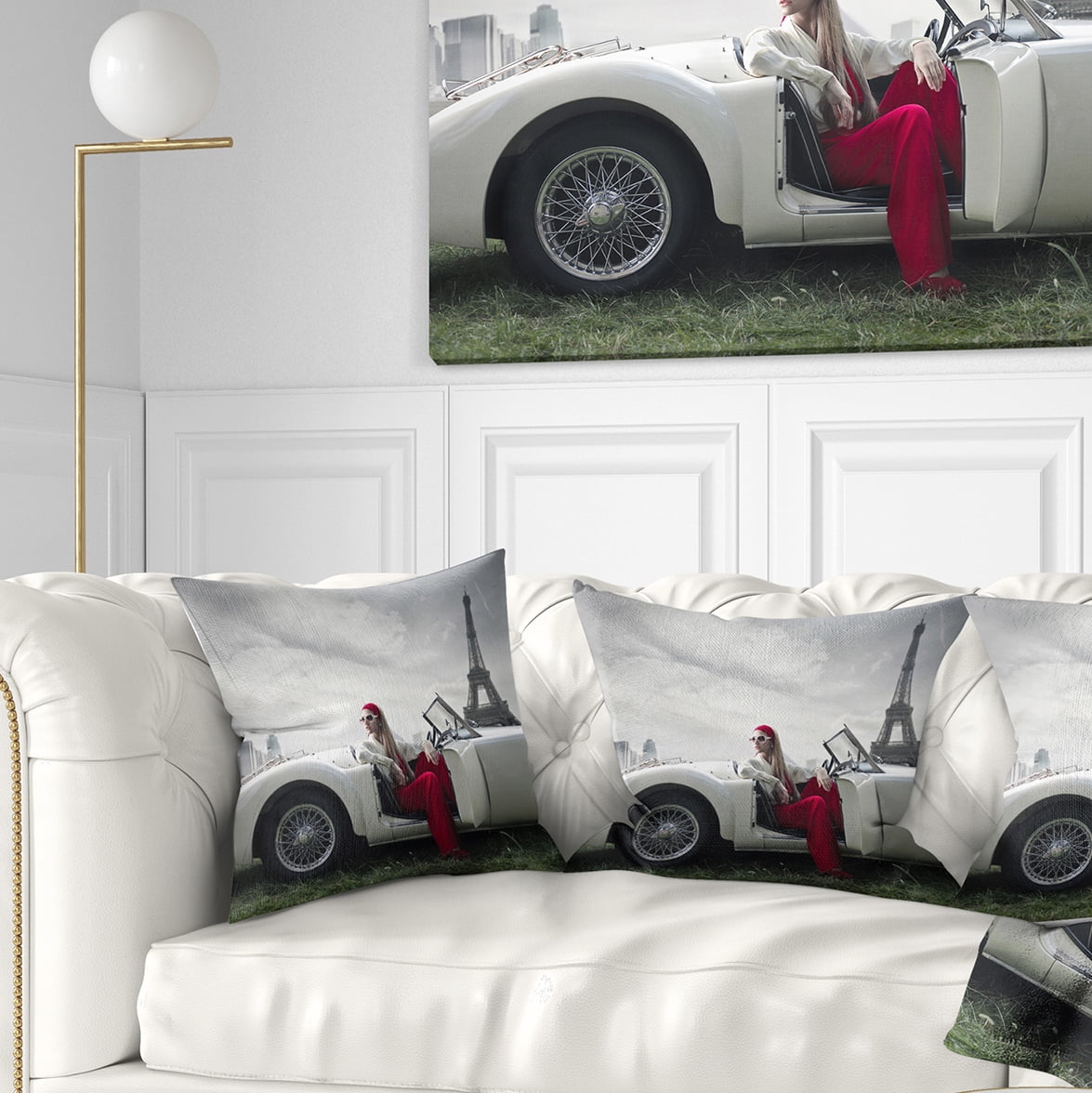 Designart Fashion Woman in Car - Cars Throw Pillow - 16x16