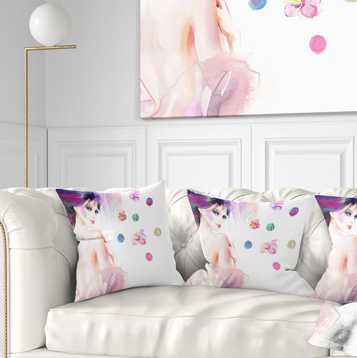 Designart Fashion Woman with Purple Shade - Watercolor Painting Throw Pillow - 16x16