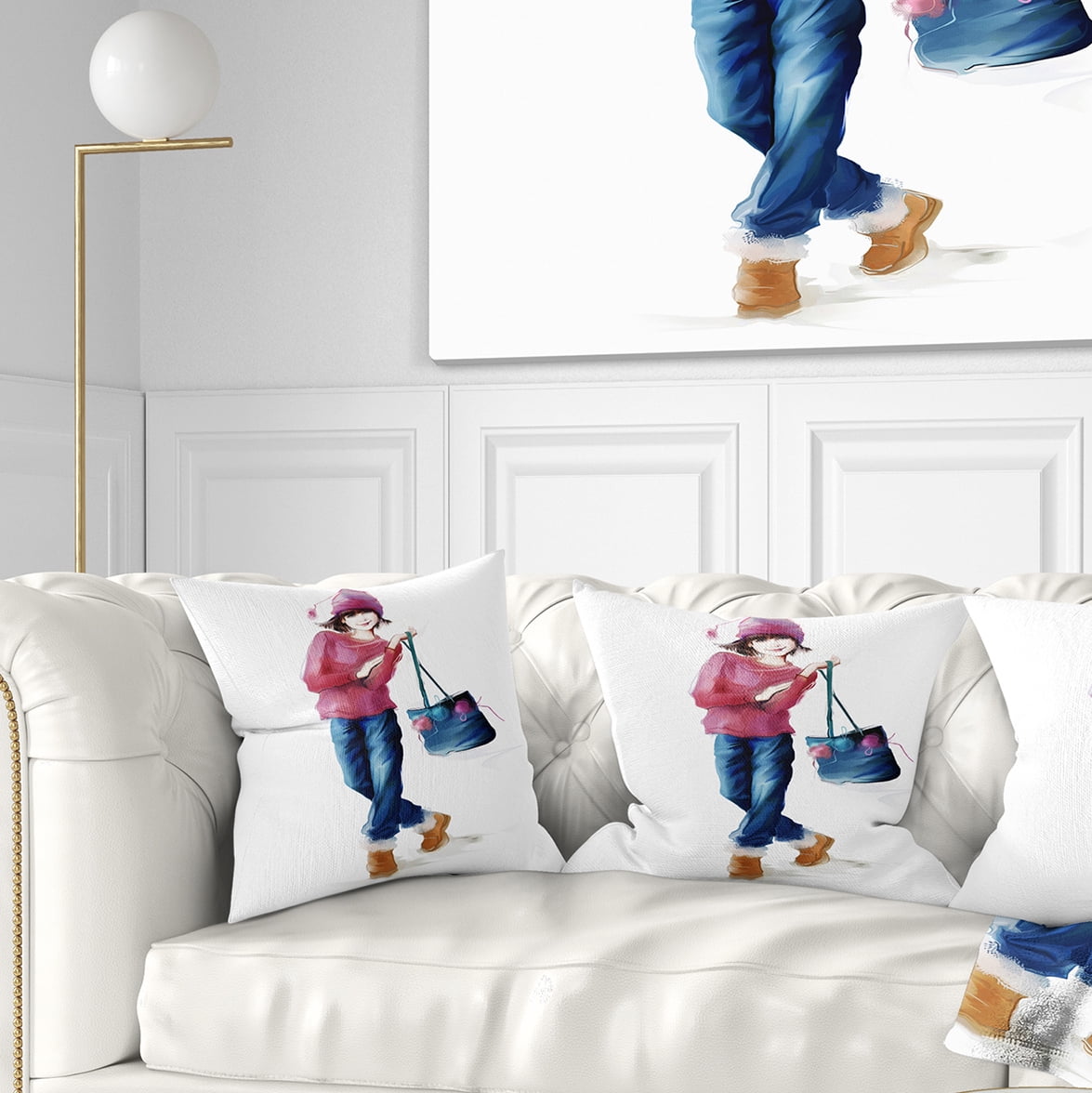 Designart Fashion Young Girl in Red - Portrait Throw Pillow - 16x16