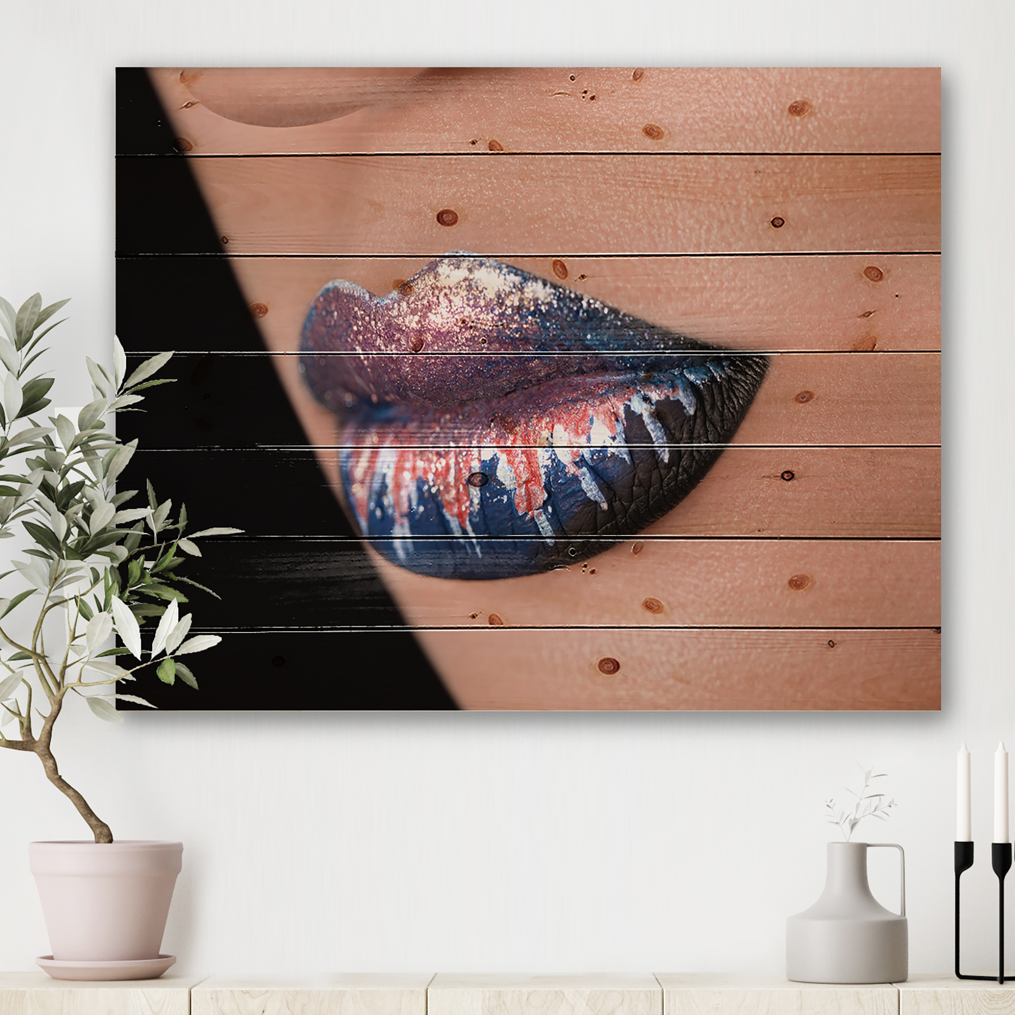 Designart 'Fashion and Creative Make Up On Woman Lips' Modern Print on Natural Pine Wood