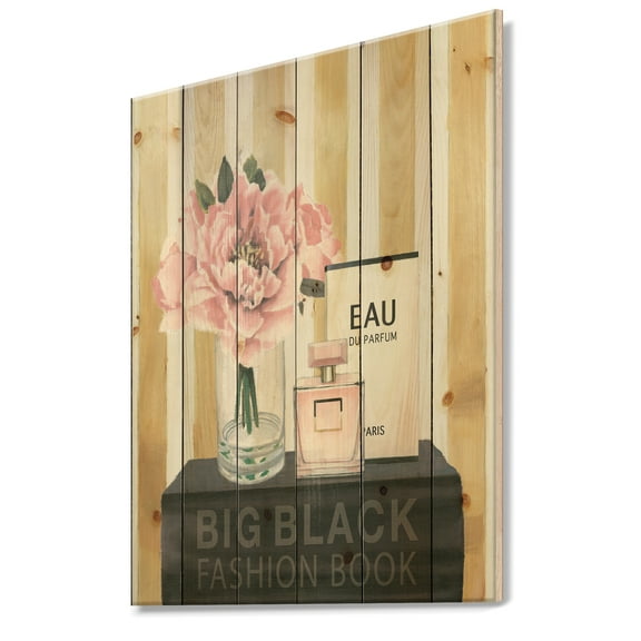 Designart 'Fashion and Glam Parfum Boudoir III' Posh & Luxe Print on Natural Pine Wood