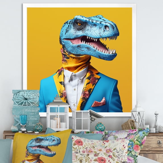 Designart "Fashionable Dinosaur in Blue and Yellow Suit" Animals Framed Wall Art Decor - Modern Blue Dinosaur Entryway Framed Wall Art Print