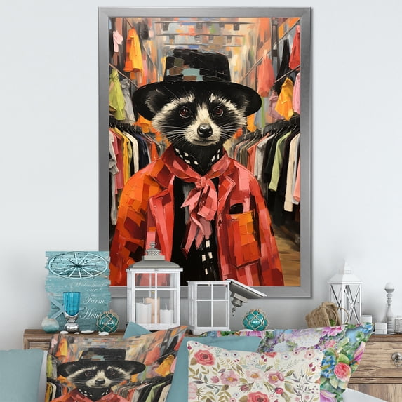 Designart "Fashionable Raccoon in Black" Animals Framed Wall Art - Traditional Black Raccoon Entryway Framed Wall Art Print