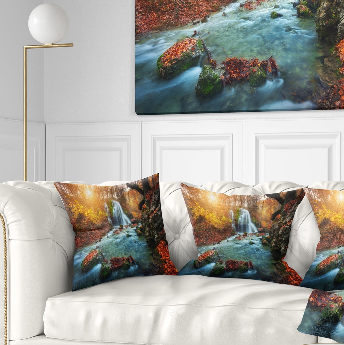 Designart Fast Flowing Fall River in Forest - Landscape Photography Throw Pillow - 16x16