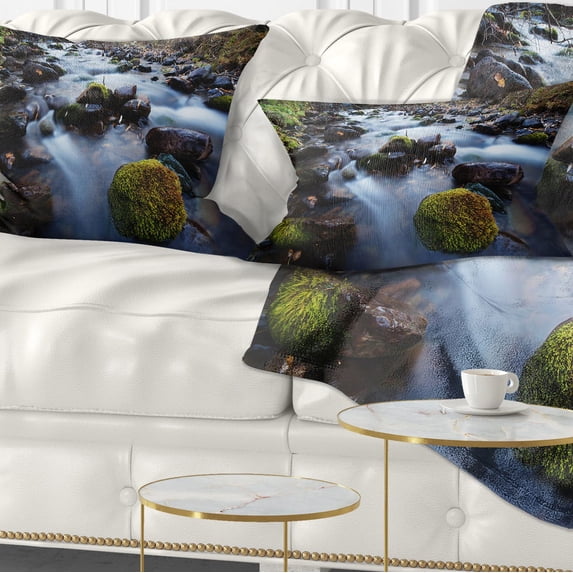 Designart Fast Flowing Mountain River - Landscape Photography Throw Pillow - 12x20
