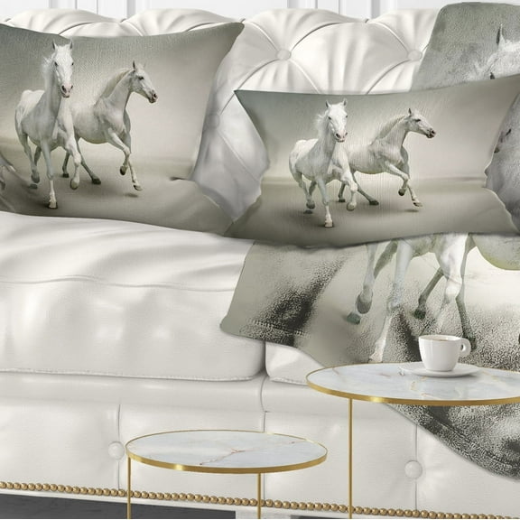 Designart Fast Moving White Horses - Animal Throw Pillow - 12x20