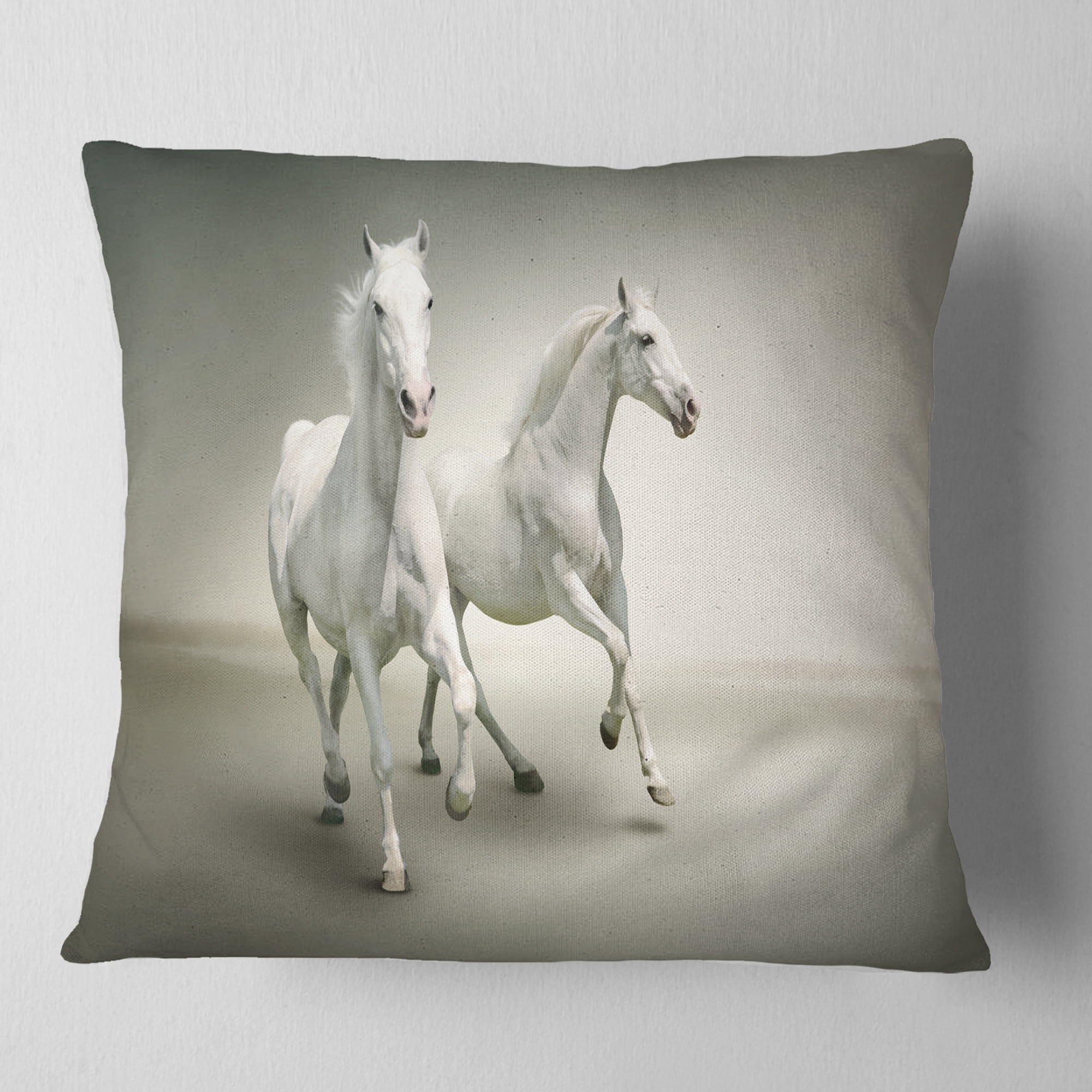 Designart Fast Moving White Horses - Animal Throw Pillow - 16x16