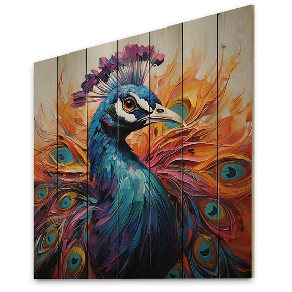 Designart "Fauvist Peacock Fauvism Red Peacock" Animals Print on Natural Pine Wood