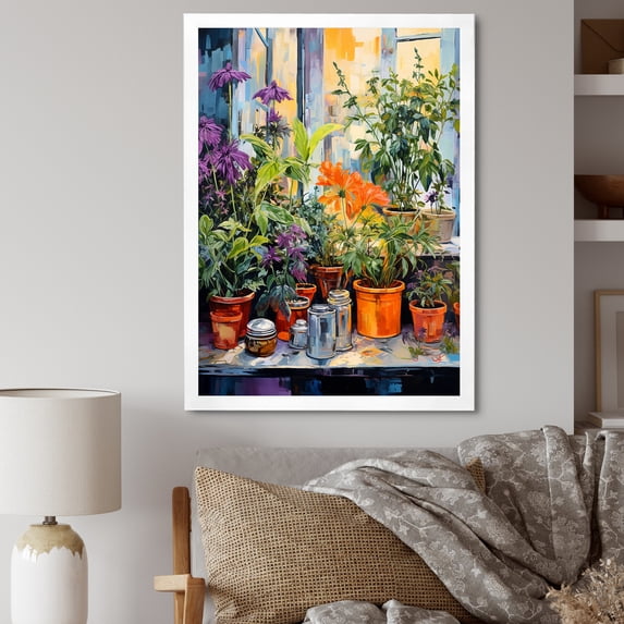 Designart "Fauvist Pottery Flavors with Herbs IV" Floral Framed Wall Art - Traditional Green Herbs Bedroom Framed Canvas Wall Art