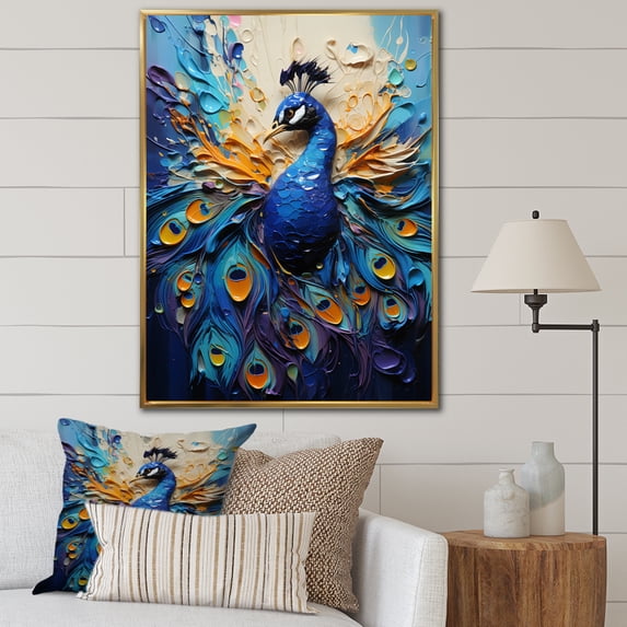 Designart "Feather Drips Peacock I" Animals Floater Framed Canvas Print