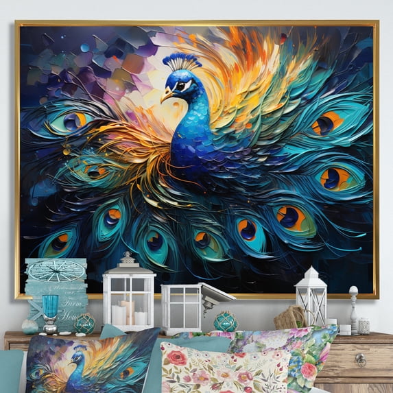 Designart "Feather Drips Peacock II" Animals Floater Framed Canvas Print