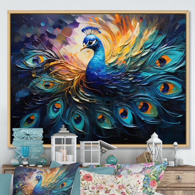 Designart "Feather Drips Peacock II" Animals Floater Framed Canvas Print