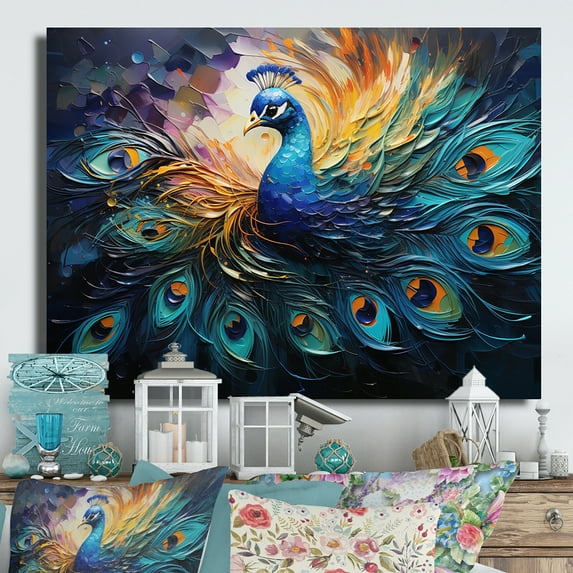 Designart "Feather Drips Peacock II" Animals Metal Wall Decor