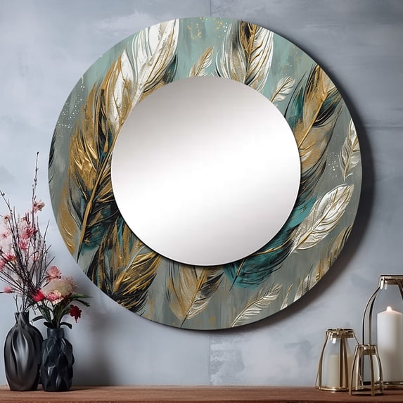 Designart "Feather Extravaganza Gold I" Glam Feather Rund Mirror For Wall Decor - Large Gold Round Print Mirror - Round Modern Mirror - Wall Mounted Round Large Mirror - 23" x 23"