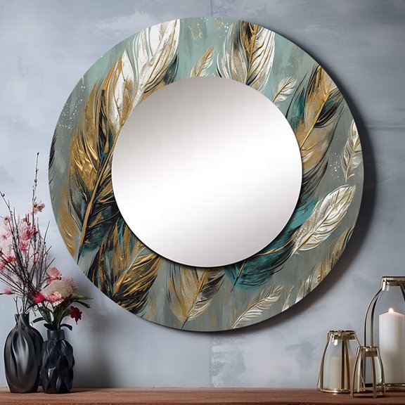 Designart "Feather Extravaganza Gold I" Glam Feather Rund Mirror For Wall Decor - Large Gold Round Print Mirror - Round Modern Mirror - Wall Mounted Round Large Mirror - 29" x 29"
